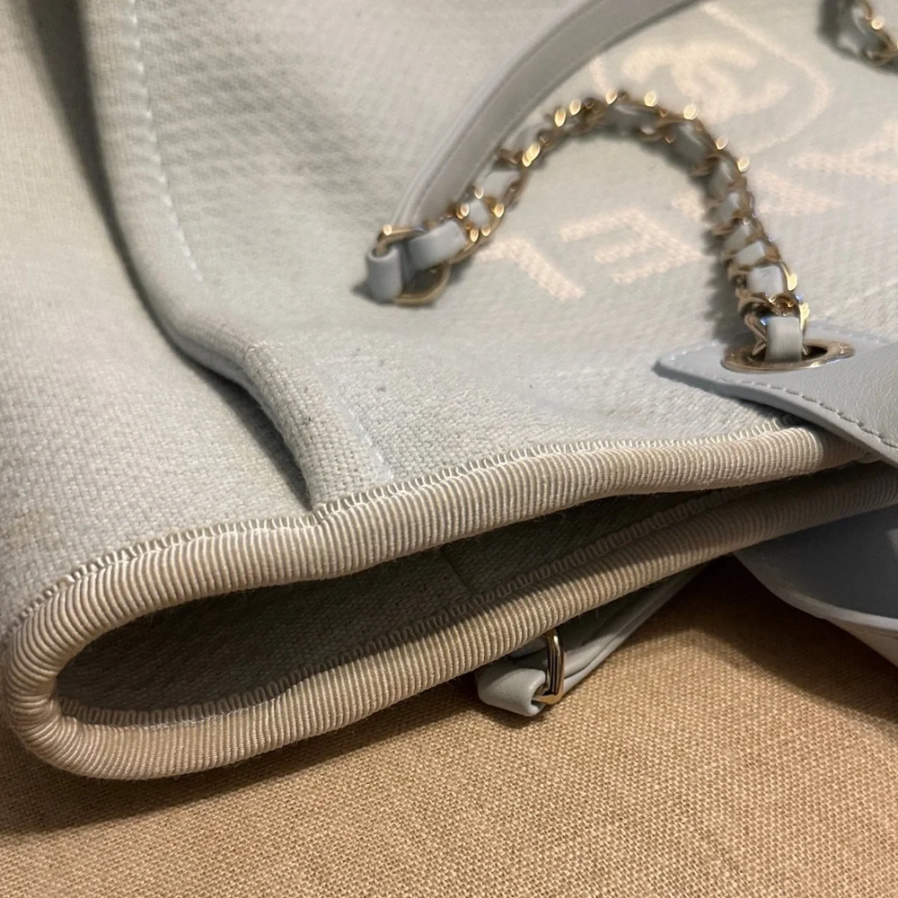 AUTHENTIC Chanel Small Deauville Shopping Tote in Blue Boucle w/ Gold Hardware - Picture 5 of 15
